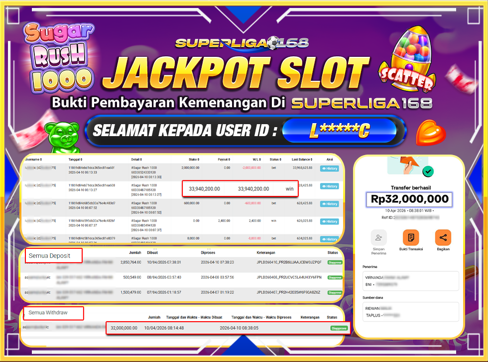 SUPERLIGA168 JACKPOT SUGAR RUSH 1000 Rp.32,000,000,LUNASSS